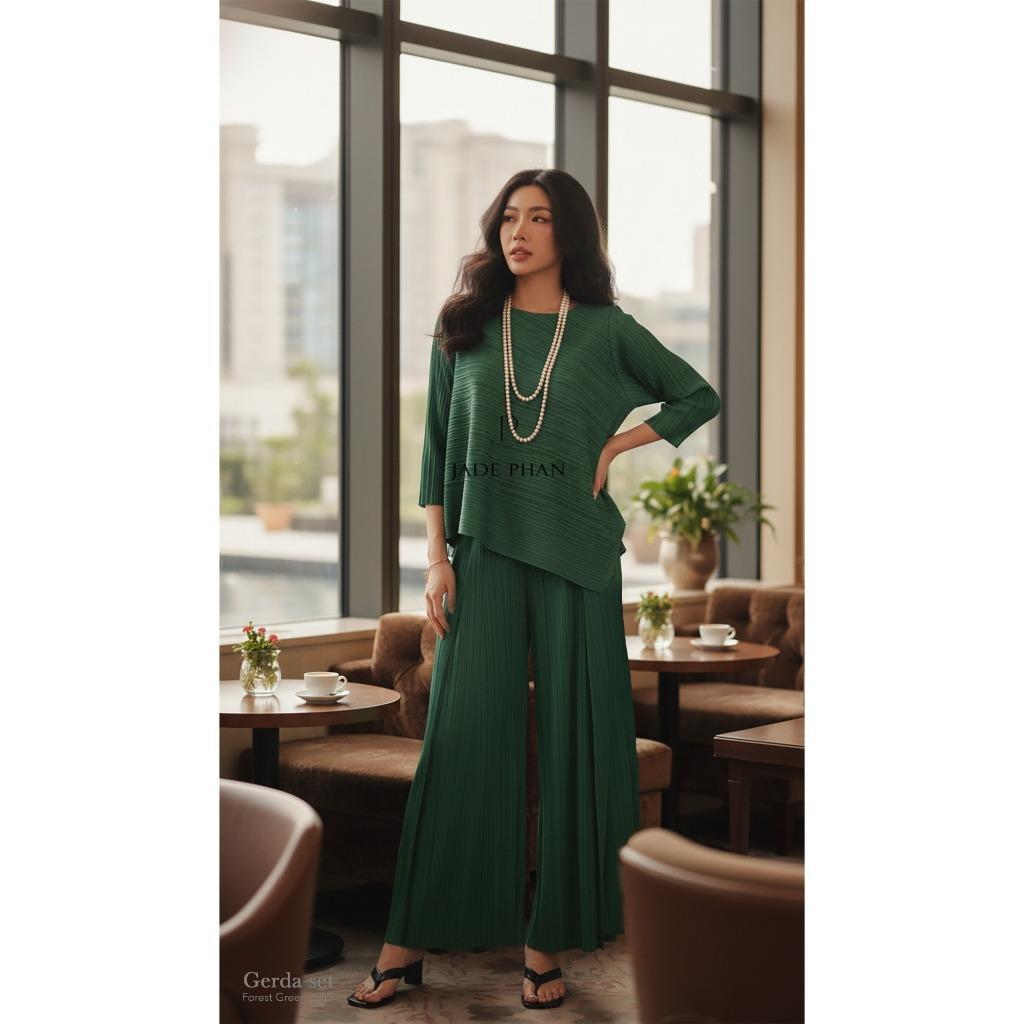 Set gồm áo và quầnđồng màu dập ly nữ sang trọng, áo tay lửng và quần ống rộng xếp ly lò xo Gerda — ảnh 15