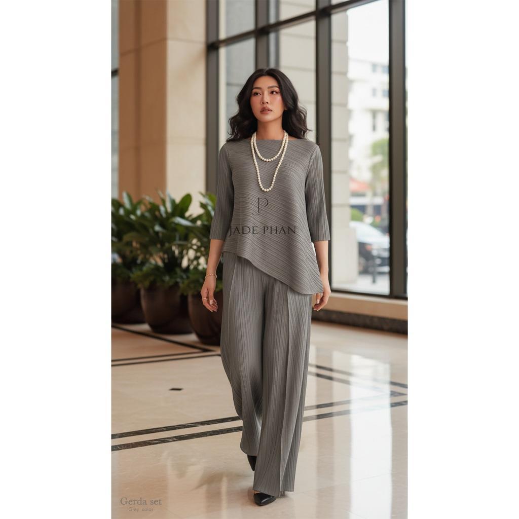 Set gồm áo và quầnđồng màu dập ly nữ sang trọng, áo tay lửng và quần ống rộng xếp ly lò xo Gerda — ảnh 16