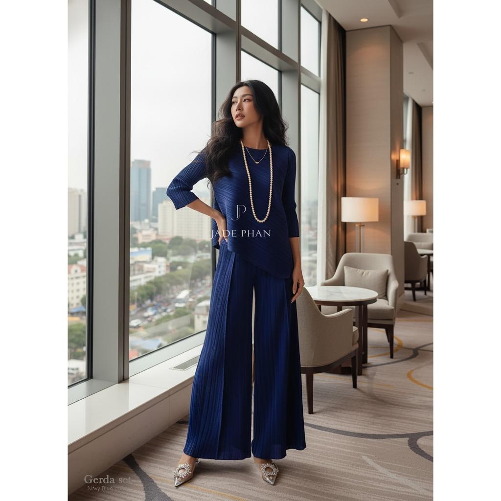 Set gồm áo và quầndập ly nữ sang trọng, áo tay lửng và quần ống rộng xếp ly lò xo Gerda — ảnh 15