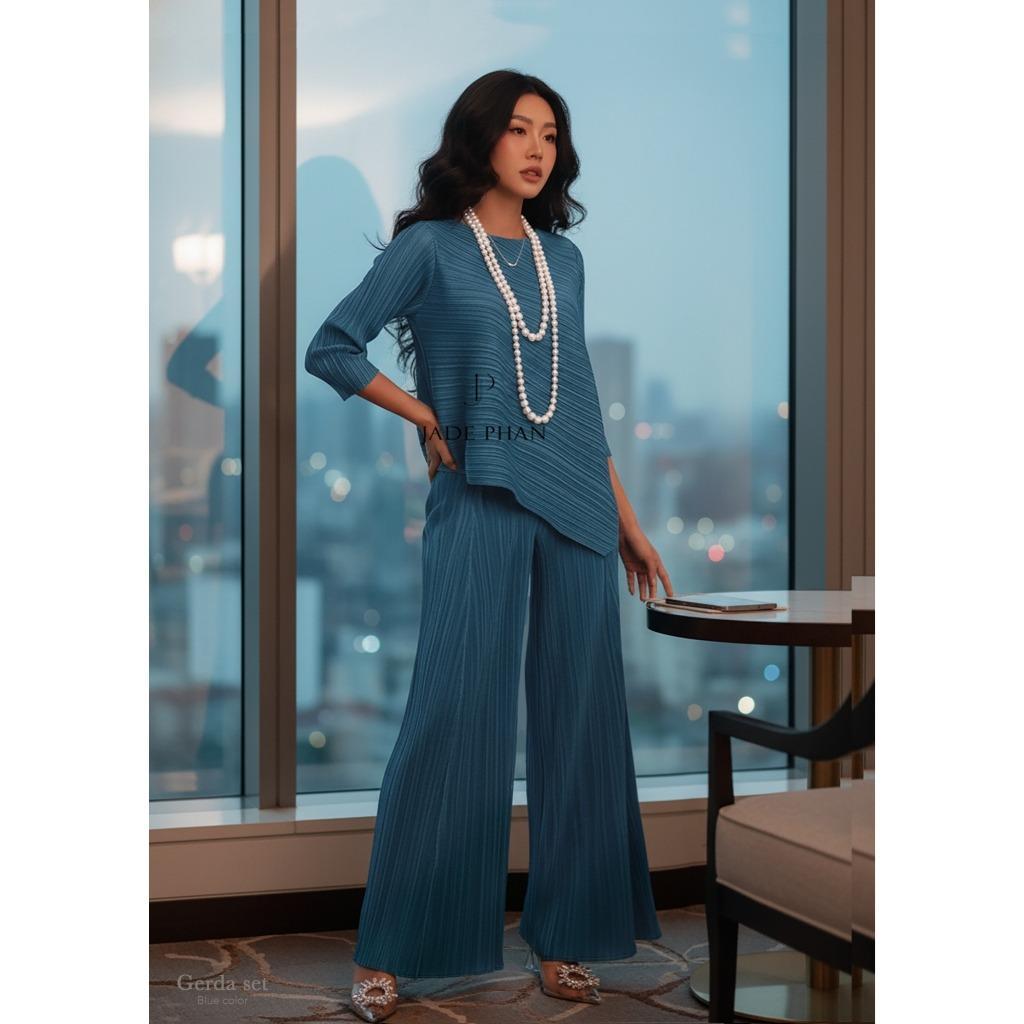 Set gồm áo và quầnđồng màu dập ly nữ sang trọng, áo tay lửng và quần ống rộng xếp ly lò xo Gerda — ảnh 9