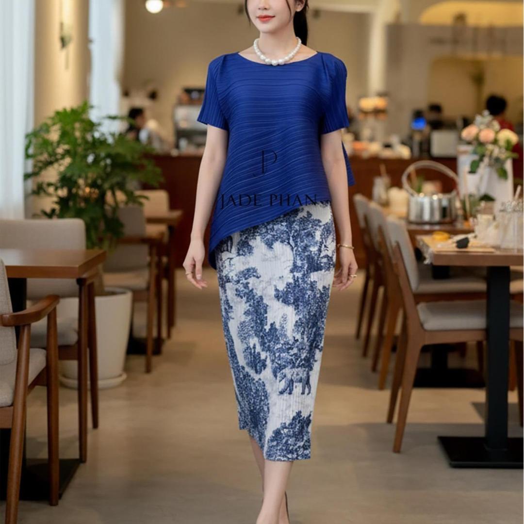 Set áo chân váy Áo katle vàng Holly mảng màu cam vàng xanh — ảnh 8