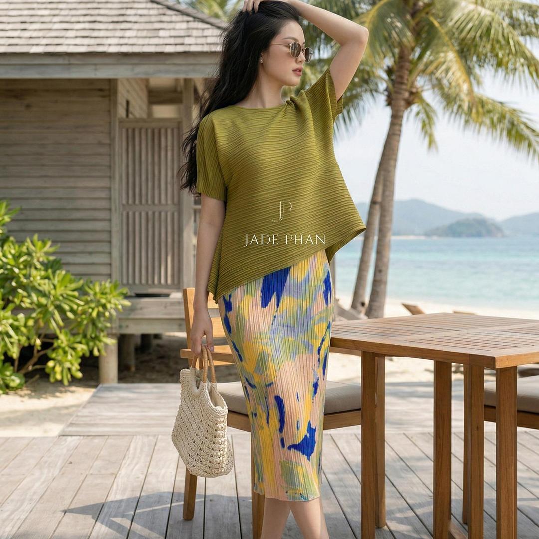 Set áo chân váy Áo katle vàng Holly mảng màu cam vàng xanh — ảnh 2