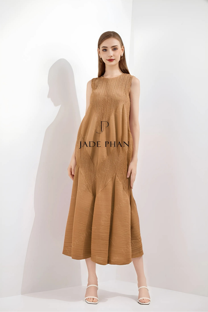 JEUNESSE Pleated Midi Dress - Brown Copper