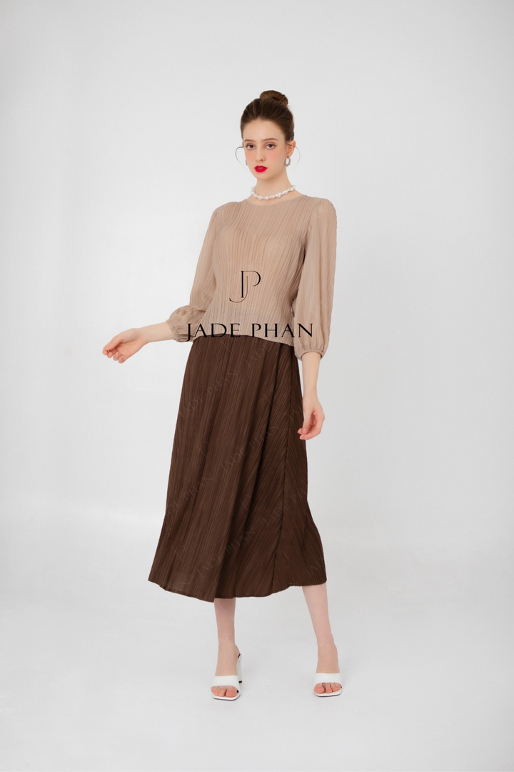 SET Pensee pleated Top Beige& Berthe pleated skirt Brown