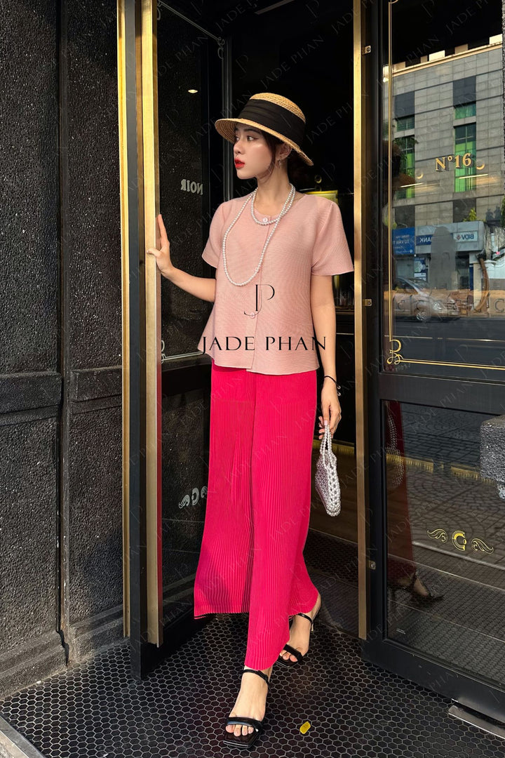 SET AIME'E Pleated Top Pink & OMI Pleated Pants Magenta