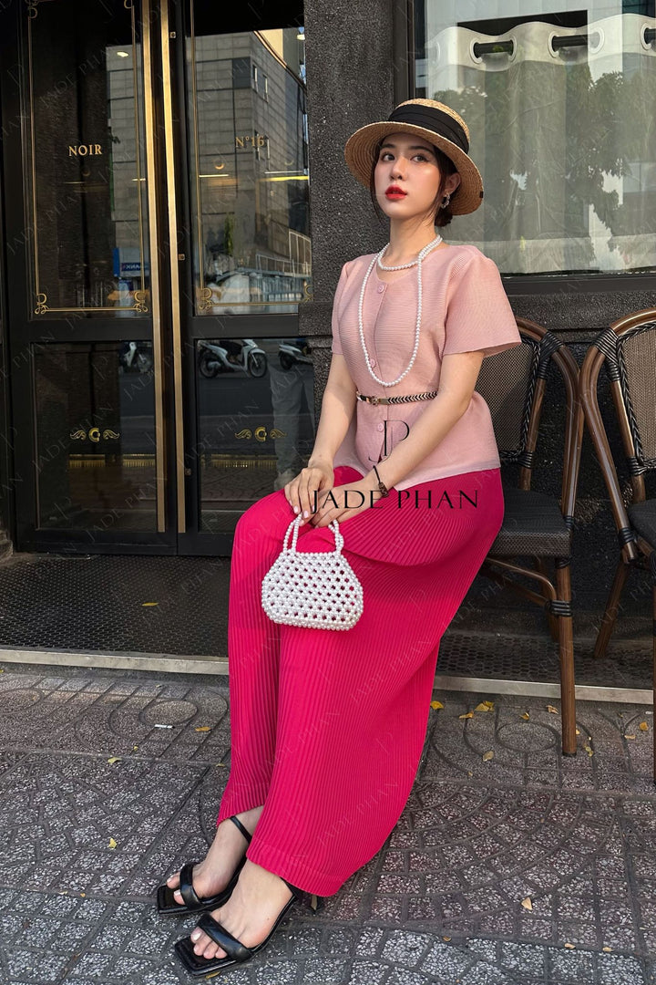 SET AIME'E Pleated Top Pink & OMI Pleated Pants Magenta