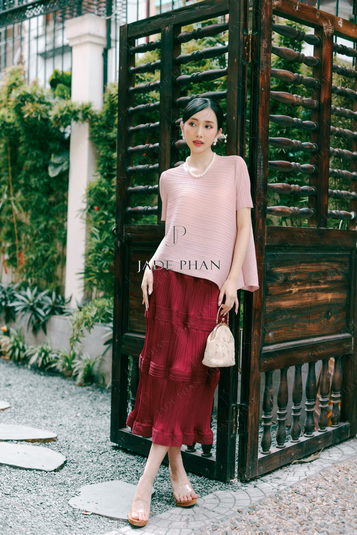 SET JENNIE Pleated Top Pink & BLANCHE Skirt Burgundy