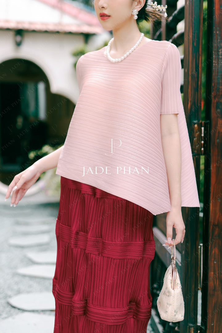 SET JENNIE Pleated Top Pink & BLANCHE Skirt Burgundy