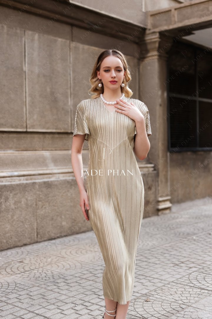 Dulcie Pleated  Dress - Cream Glitter