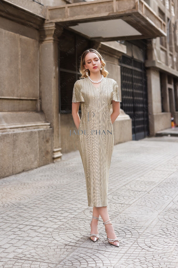 Dulcie Pleated  Dress - Cream Glitter