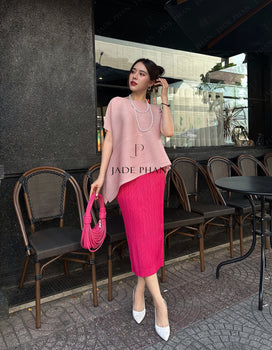 Set KATLE Pleated Top Pink & AUDORA Pleated Skirt Magenta