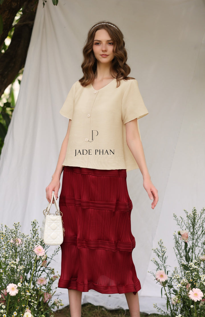 SET Aimee Pleated Top Cream & Blanche Pleated Skirt Burgundy red