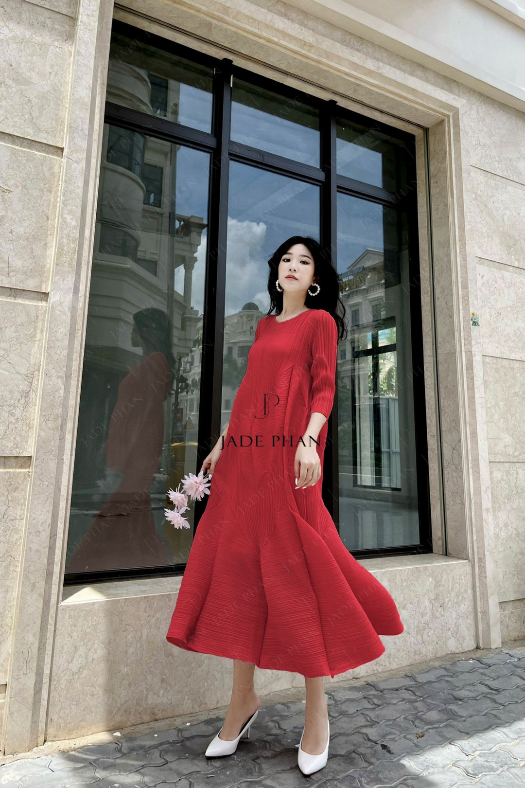 DORIS Pleated Midi Dress - Đỏ Tươi