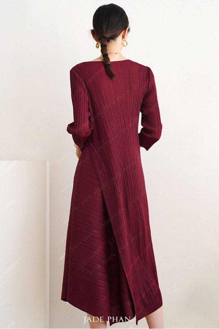 MICHELA Pleated Dress -  Burgundy Red