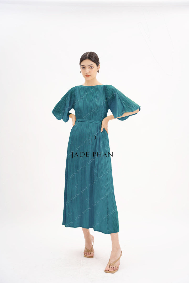 CHARISSE Pleated Dress - Xanh Cổ Vịt