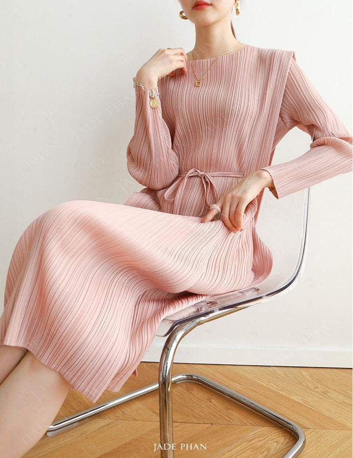 ELEGANCE Pleated Dress Long Sleeve - Pink